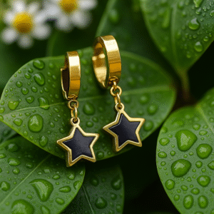 AK Elegant Gems Black Star Gold Hoop Earrings