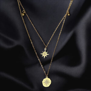 trendy multi-layer gold necklace featuring star and round stone pendants