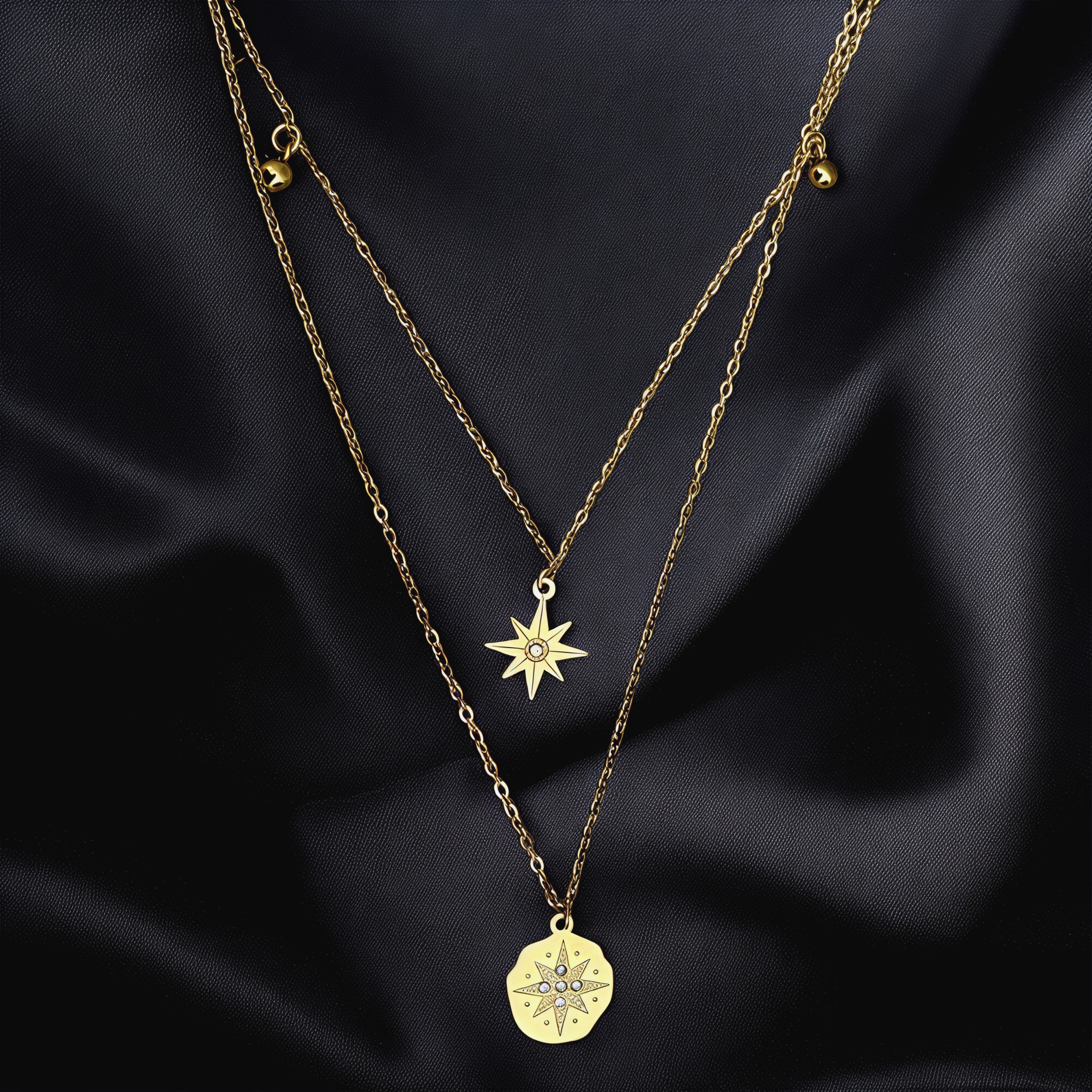 trendy multi-layer gold necklace featuring star and round stone pendants