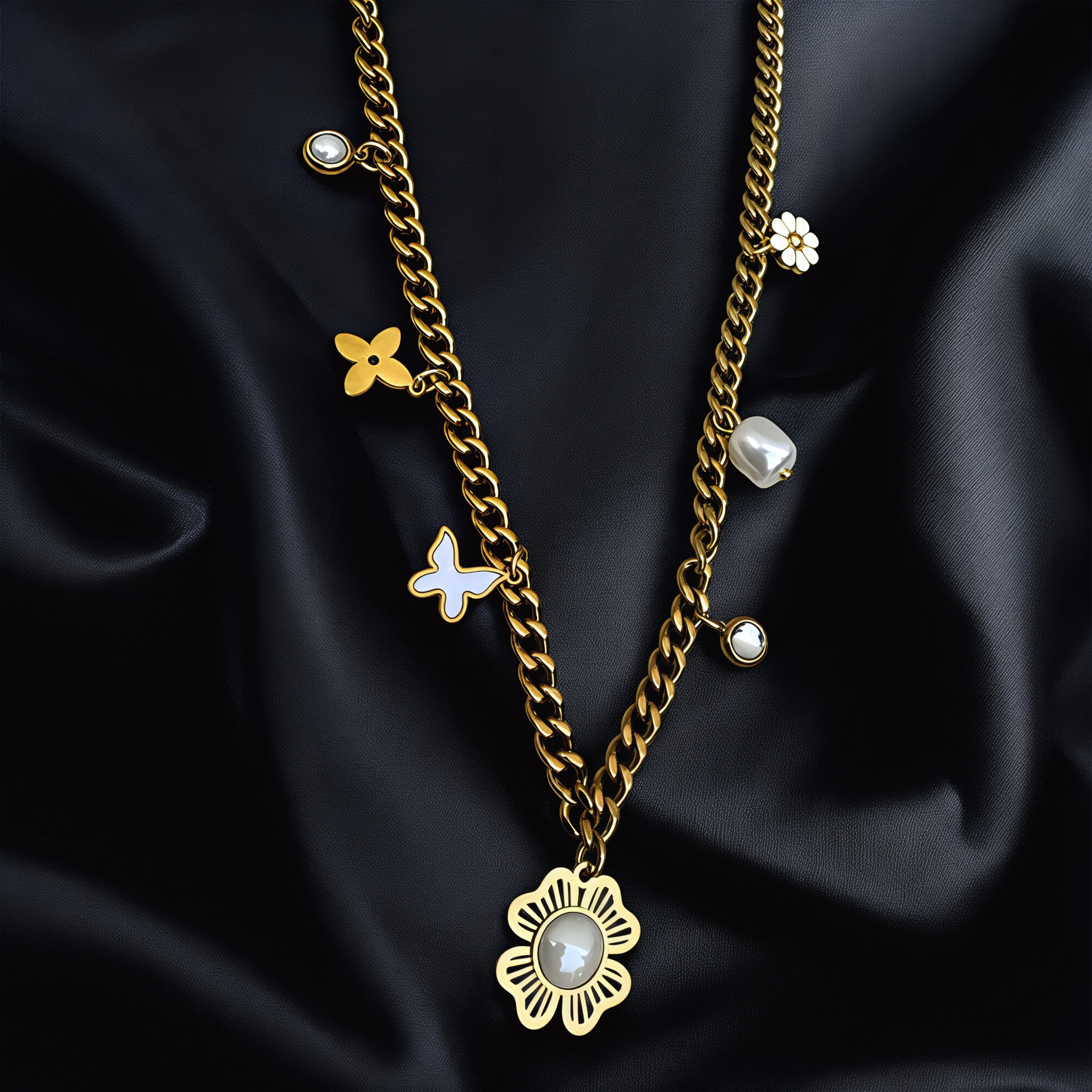 designer gold flower pendant necklace with sparkling stones