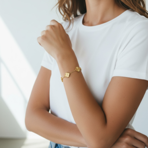 Golden Clover Bracelet female model wearing anti tarnish bracelet