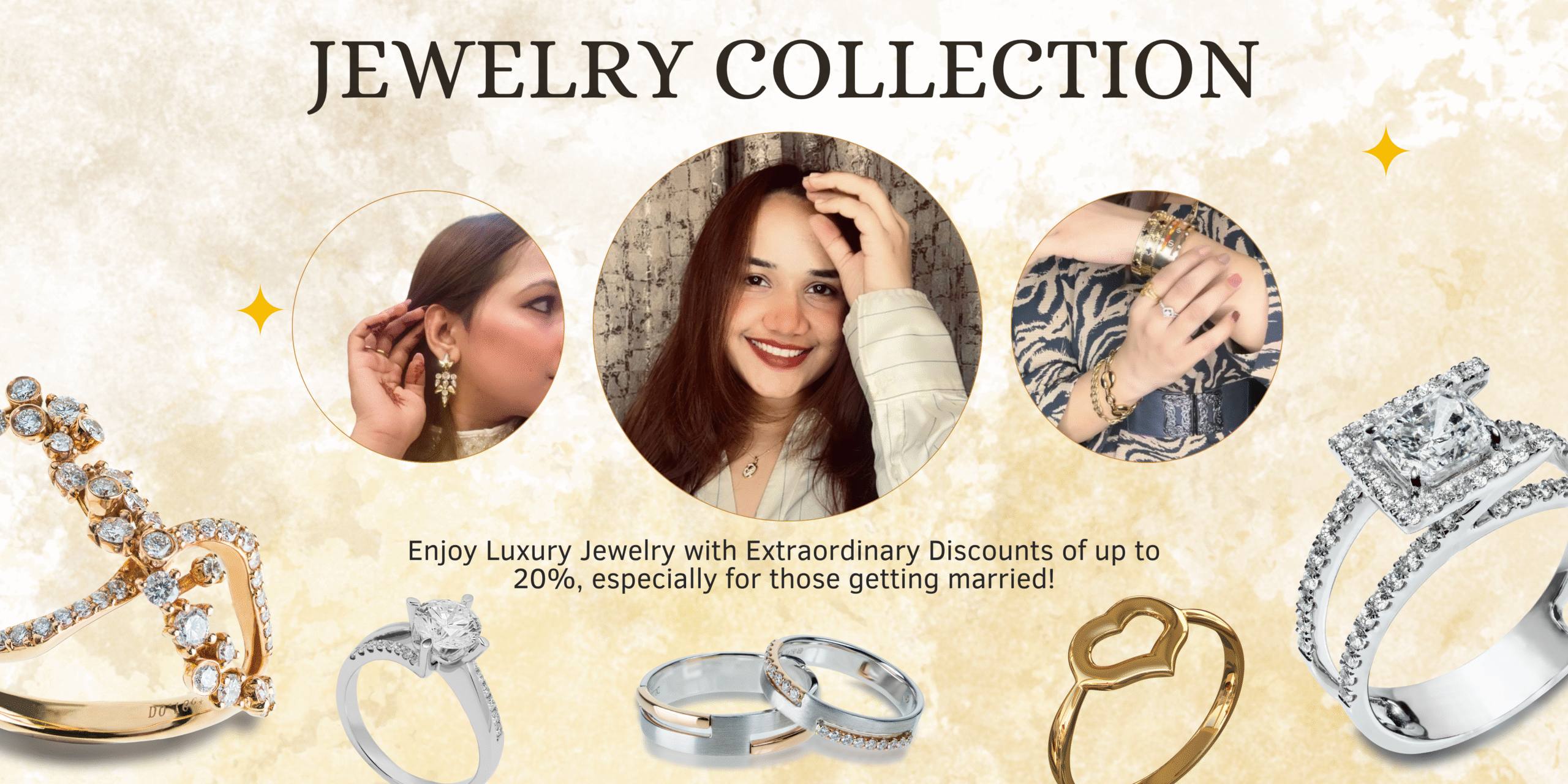 “Luxury jewelry collection with rings, earrings, and bracelets by Bracelet World — perfect for weddings.